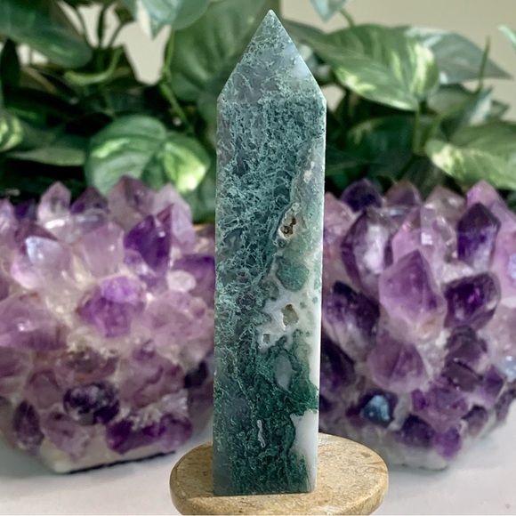 Moss Agate Crystal Tower Obelisk Energy Generator Chakra Healing Stone Wand 3.5" - Picture 3 of 14